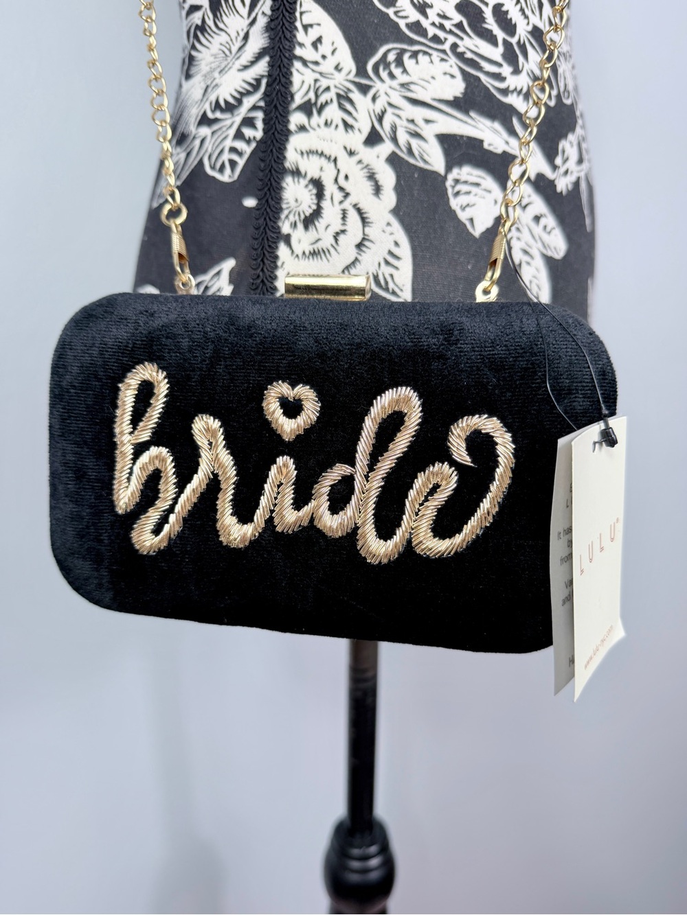 NWT Lulu handcrafted black velvet embroidered BRIDE crossbody purse size small